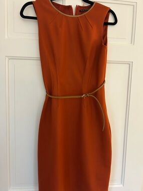 Elie Tahari Orange Sleeveless Midi Sheath with Tan Belt